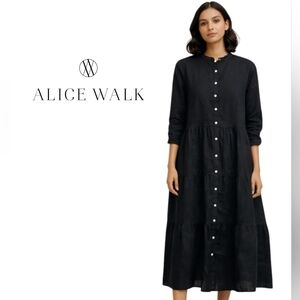 New Alice Walk Band Collar Long Sleeve Linen Tiered Black Cottagecore Dress L